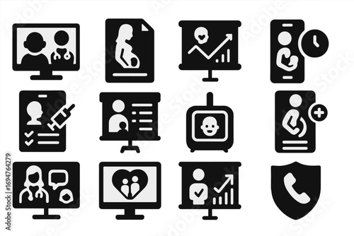Healthcare, medical silhouette icon set. patient, doctor, hospital symbols collection