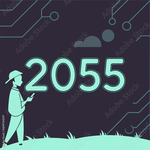 Photos A person in a hat looks at their phone with the year 2055 displayed prominently