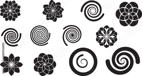 A versatile collection of hypnotic black spiral icons and intricate geometric floral symbols isolated on white background