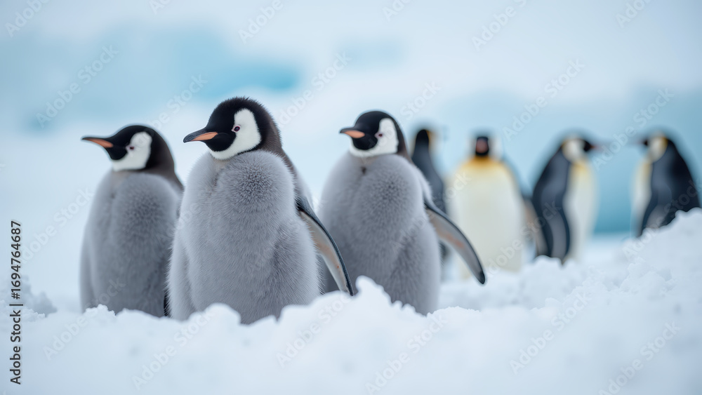 Obraz premium Fluffy penguin chicks walking in snowy landscape, showcasing their adorable features and playful nature in cold environment