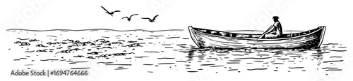 man rowing boat on sea – vintage greek-style monochrome line illustration