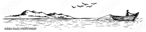 fisherman on lake with mountains – monochrome greek-style outline vector