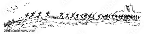 ancient greek warriors marching over hill – monochrome outline vector