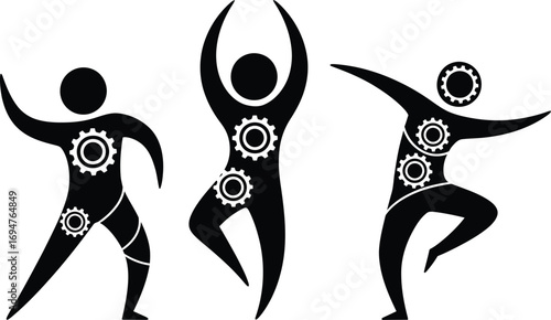Dynamic figures embodying motion and mechanization through integrated gears.