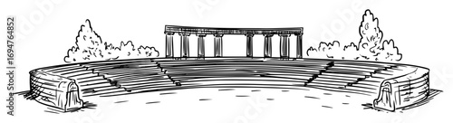 ancient greek amphitheater ruins – monochrome outline vector illustration