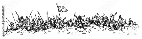 ancient greek battlefield scene – monochrome outline vector illustration