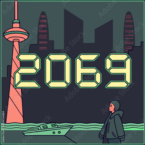 Futuristic cityscape in 2069 with a lone figure gazing at a boat and iconic towers