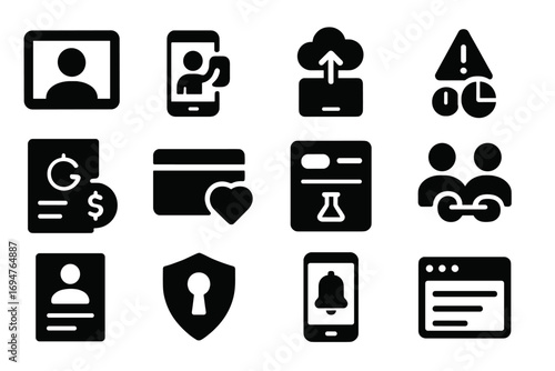 Finance and security solid icon set. business and data protection symbols solid pack