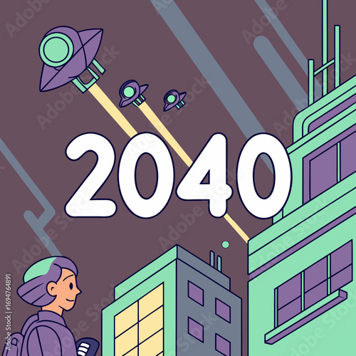 Futuristic cityscape in the year 2040 with flying saucers and a person looking at a device