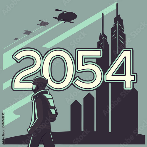 Futuristic cityscape in 2054 with a lone figure and flying vehicles against a stylized sky