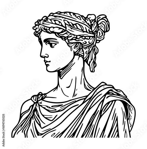 ancient greek woman portrait – monochrome outline vector illustration