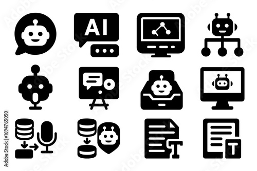 Ai and robotics silhouette icon set. technology, automation, chatbot icons collection