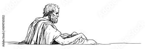 ancient greek man sitting by sea – monochrome outline vector illustration