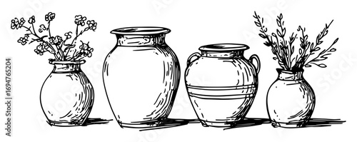 greek vases with herbs and flowers – monochrome outline vector illustration