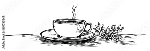 greek herbal tea in cup – monochrome outline vector illustration