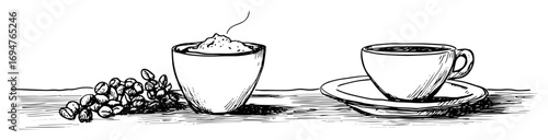 greek coffee and pistachios – monochrome outline vector illustration
