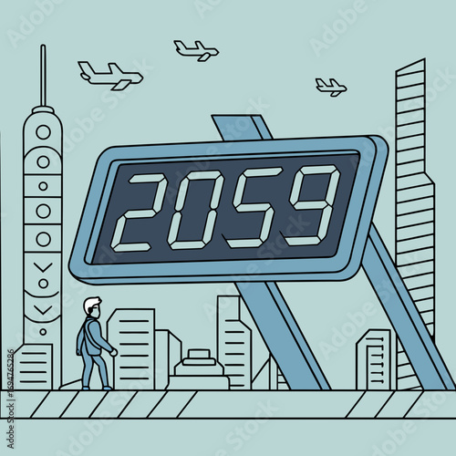 Man walks towards a large digital display showing the year 2059 in a futuristic city with airplanes flying above