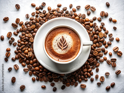 Top view of cappuccino with coffee beans scattered around isolated on white