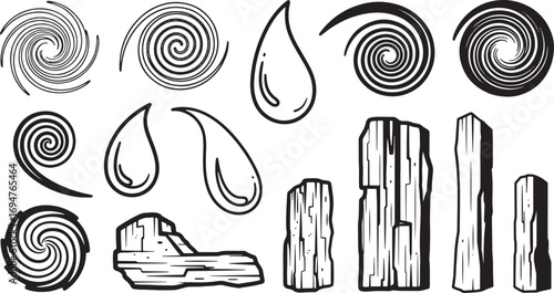 A collection of abstract graphic elements, including swirls, water droplets, and rock formations, in a black and white illustration style