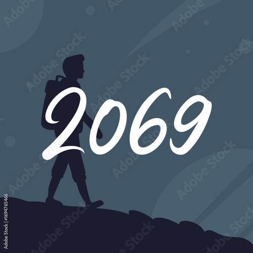 Silhouette of a hiker walking towards the future year 2069 on a dark abstract landscape