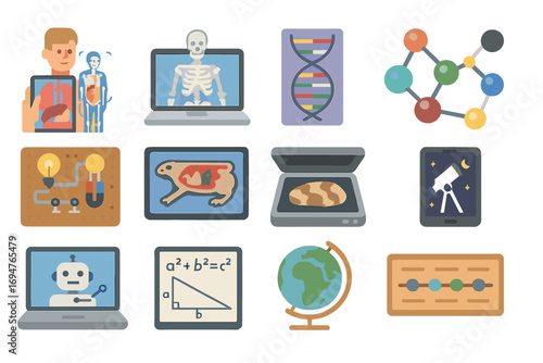 Education and science flat icon set: learning tools, technology, biology, chemistry