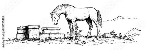 ancient greek horse near ruins – monochrome outline vector illustration