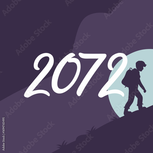 Silhouette of a lone hiker ascending a hill towards the year 2072 under a pale moonlit sky