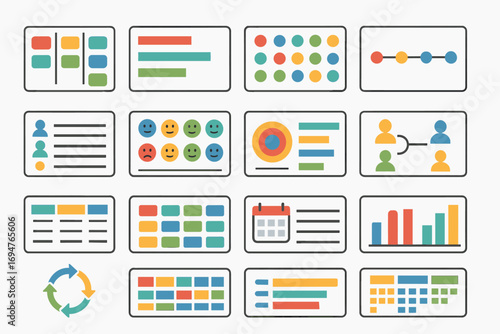 Project management flat icon set. task, workflow, and planning icons collection