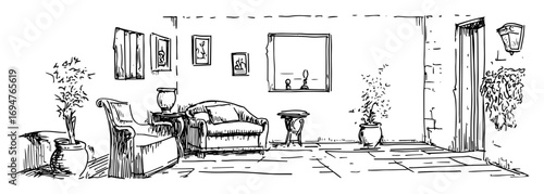 interior of ancient greek house – monochrome outline vector illustration
