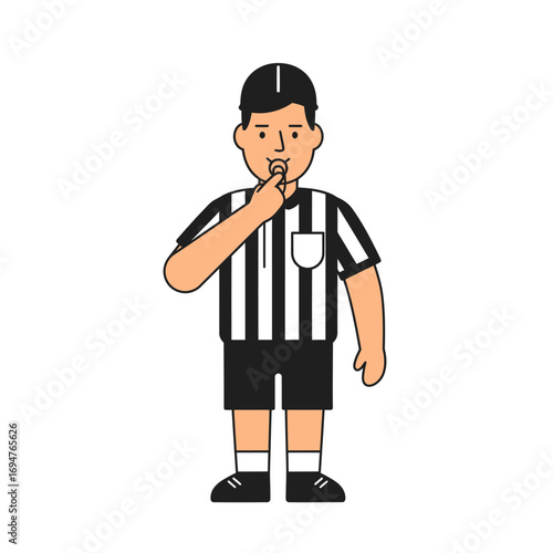 Cartoon illustration of a male sports referee in a classic black and white striped uniform blowing a whistle during a game
