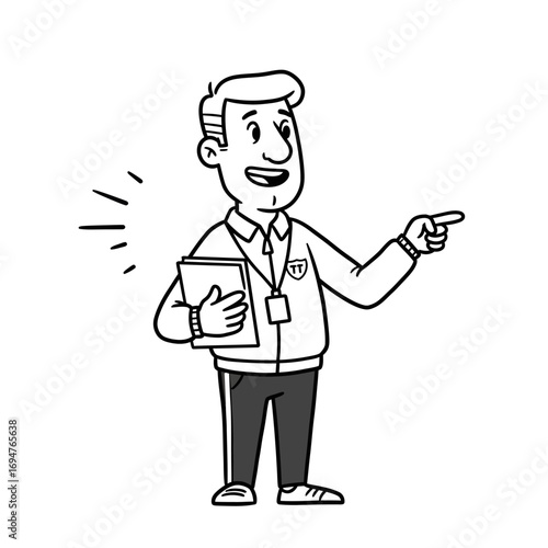 A black and white vector illustration of a friendly sports coach or instructor pointing and giving directions, holding a clipboard and wearing a whistle for guidance and leadership