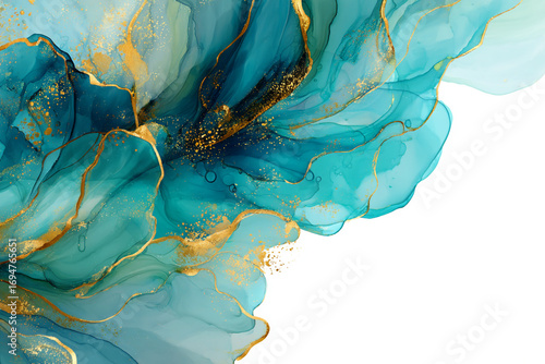 Abstract teal and gold artwork swirls and splatters on white background