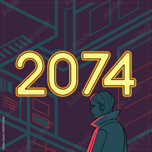 Stylized illustration of the year 2074 with a futuristic cityscape and a solitary figure looking towards the future