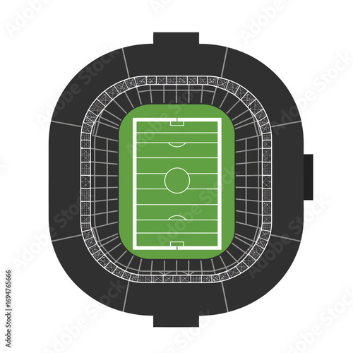 Top-down aerial view of a modern sports stadium with a green football field. Isolated vector illustration of a large arena for championship events