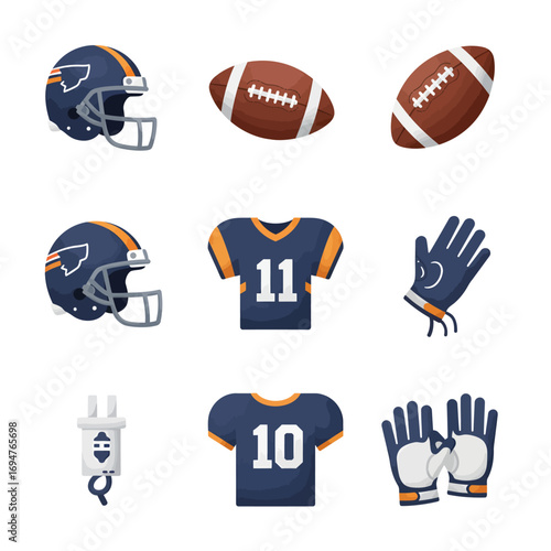 A conceptual icon set of American football equipment, featuring isolated vector illustrations of helmets, jerseys, gloves, and balls for sports design