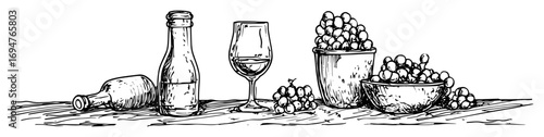 greek wine and grapes still life – monochrome outline vector illustration