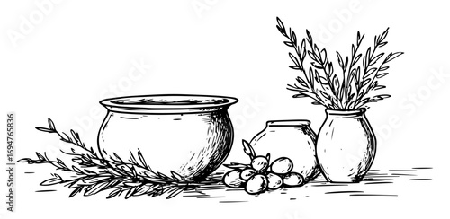 ancient greek pottery with olives and herbs – monochrome outline vector illustration