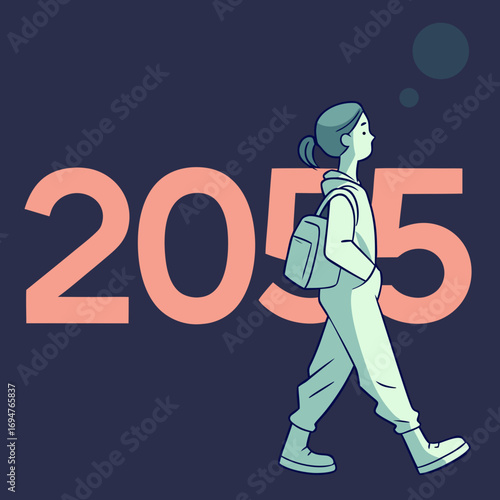 Tableau sur toile Young person with backpack walking towards the future year 2055 with thought bub