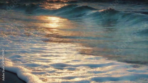 Golden Sunset Waves Crashing on Sandy Beach