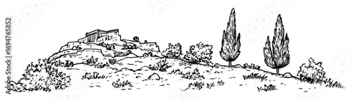 greek village on hill – monochrome outline vector illustration