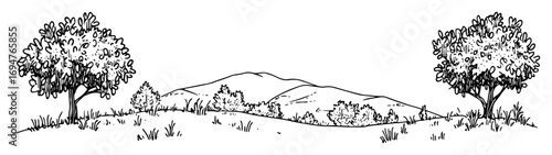 greek countryside landscape with trees and hills – monochrome outline vector illustration