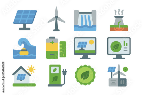 Renewable energy flat icon set. solar, wind, hydropower icons collection