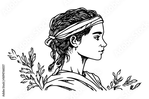 ancient greek woman portrait with olive branch – monochrome outline vector illustration