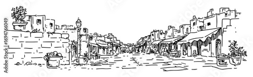 ancient greek street market scene – monochrome outline vector illustration