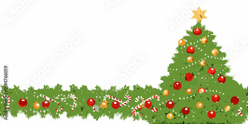 Festive christmas tree decorated with red and gold ornaments and candy canes on a white background