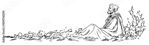 ancient greek philosopher sitting on cloud – monochrome outline vector illustration
