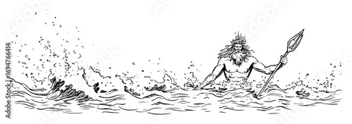 ancient greek god of sea poseidon in waves – monochrome outline vector illustration