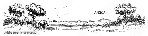 african savannah landscape with animals – monochrome outline vector illustration