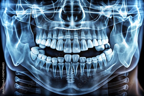 Detailed dental X ray image of human skull and teeth structure