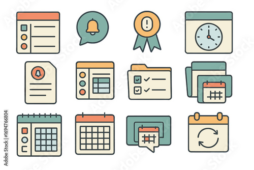 Office productivity flat icon set. task, schedule, reminder icons flat collection